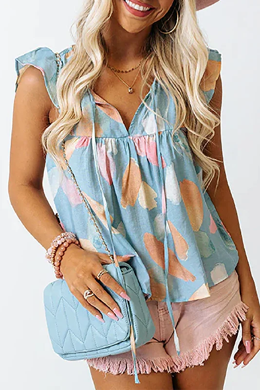 Light Blue Abstract Print Ruffle Sleeveless Blouse