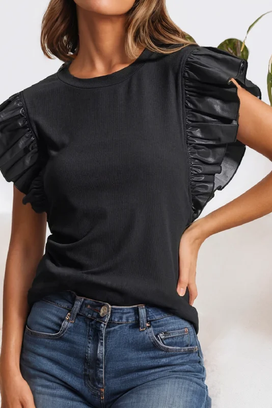 Leather Ruffle Shoulder Plain Blouse