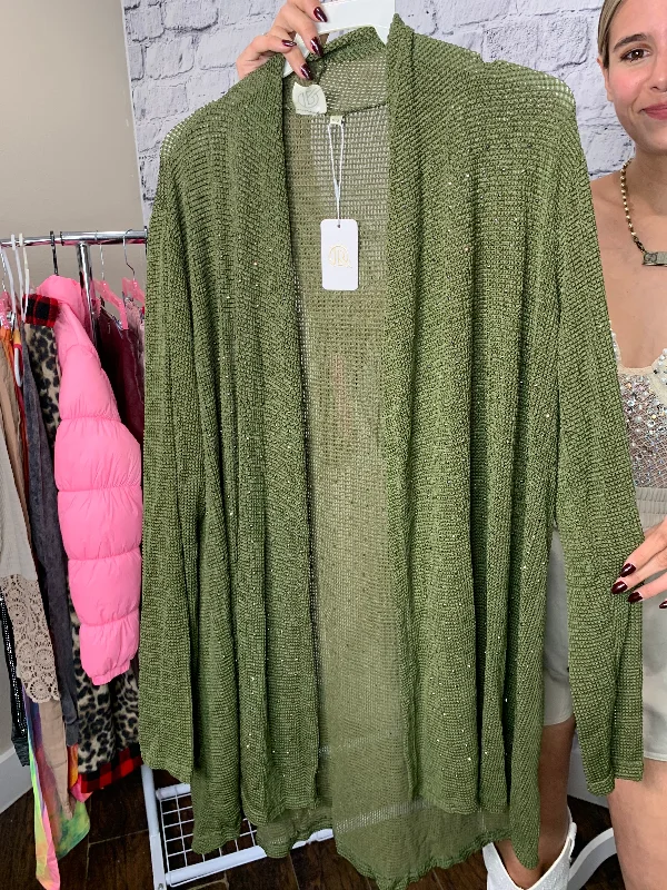 Made In Manhattan Olive Hematite Rhinestone Mesh Cardigan - One size