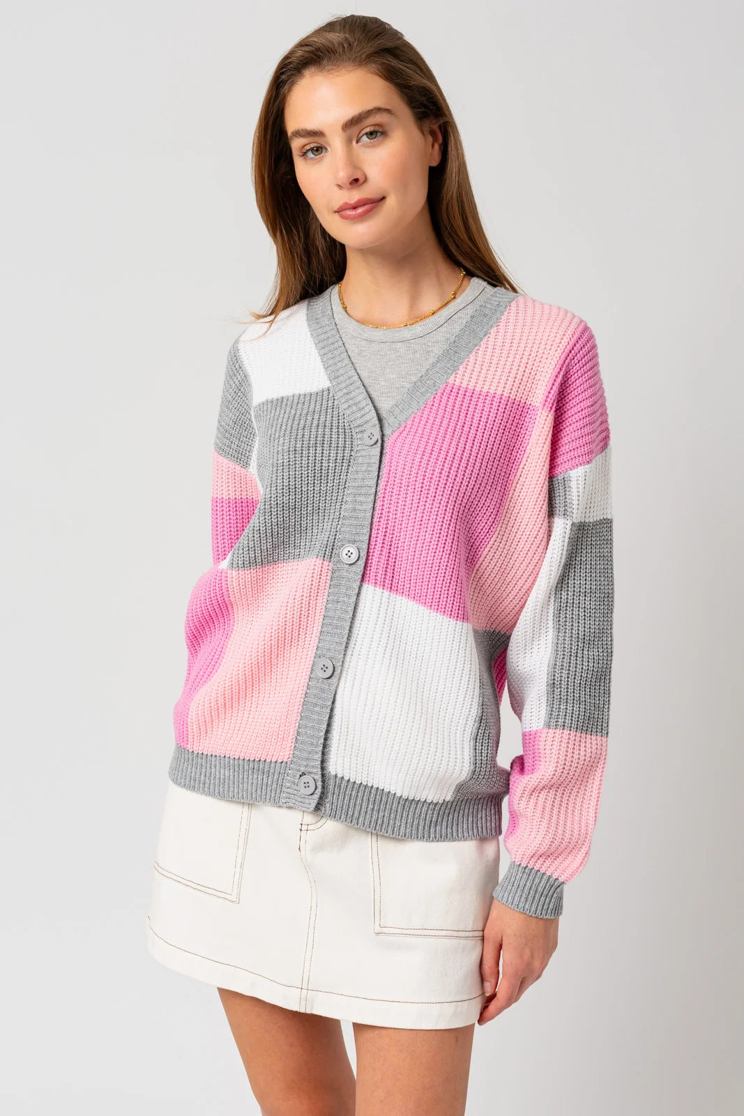 Color Block V-Neck Sweater Cardigan