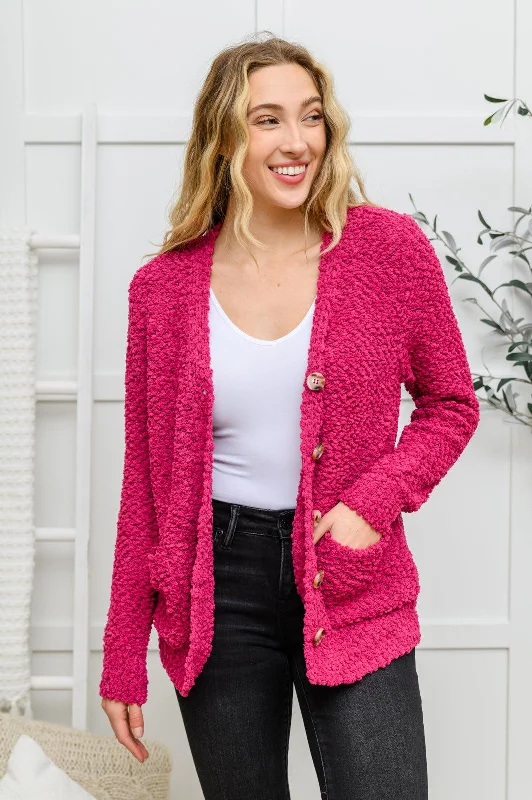 Popcorn Knit Cardigan In Magenta