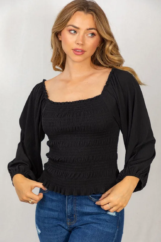 Smocked & Ribbed Top, Black