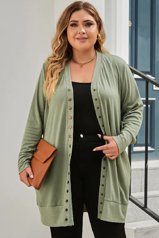 Snap Up V-Neck Long Sleeve Cardigan with Pockets