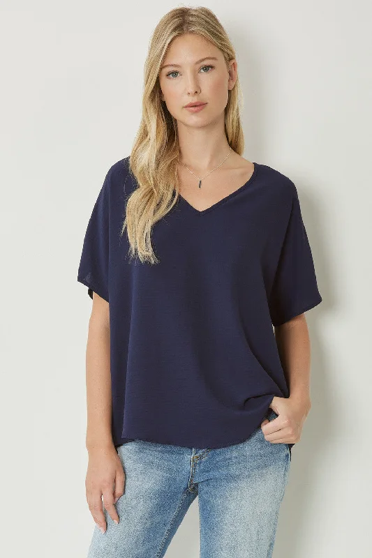 Solid V-Neck Top, Navy