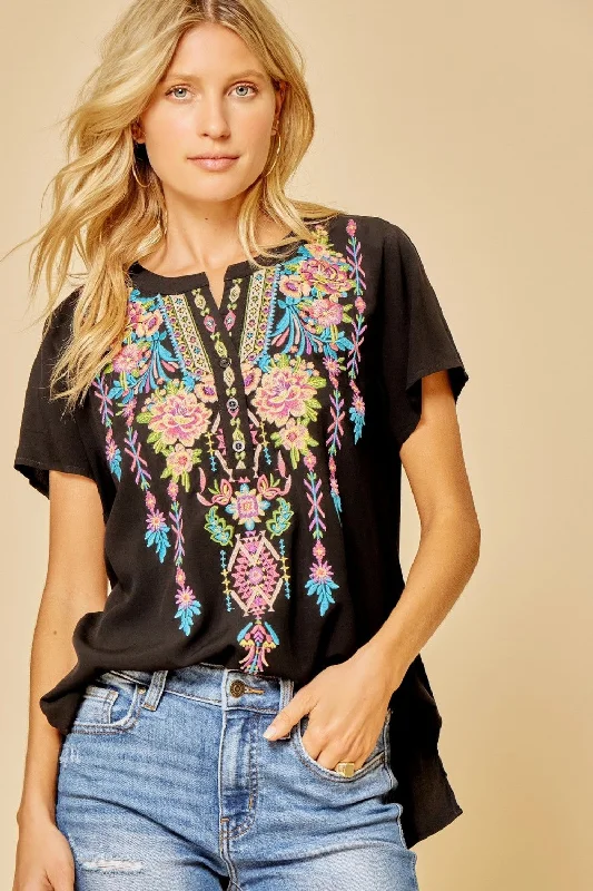 Short Sleeve Embroidered Top, Black