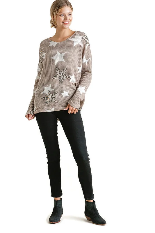 Star & Leopard Waffle Knit Top, Taupe